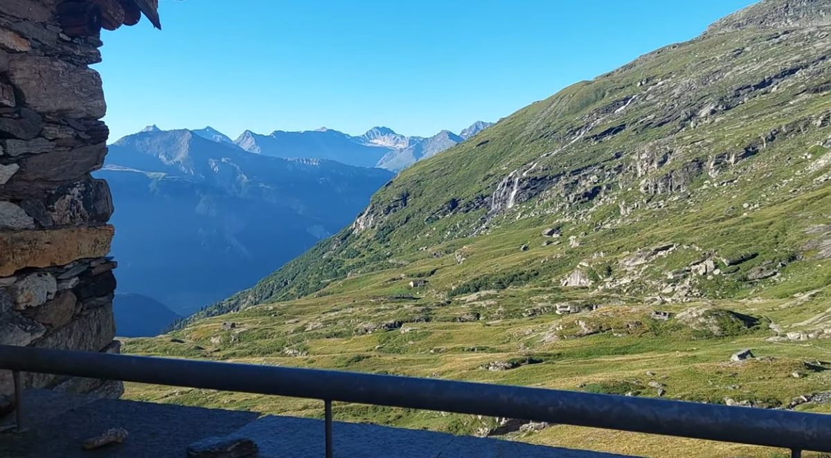 The view from a hut terrace at the end of the day, out over the valley to the peaks opposite.